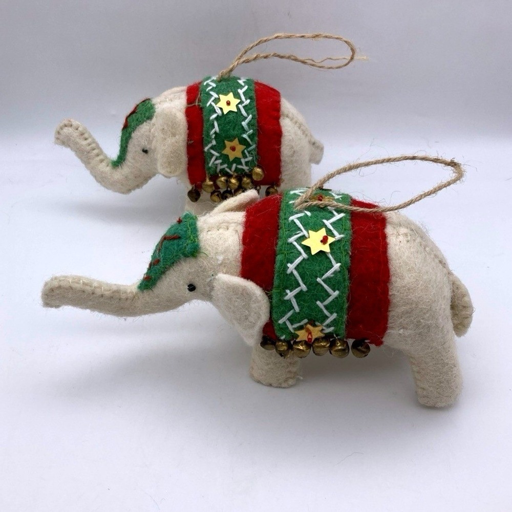 Jingles & Joy 7"L x 3.5"W Felted Wool Elephant Home Decor, Made in India, Pair